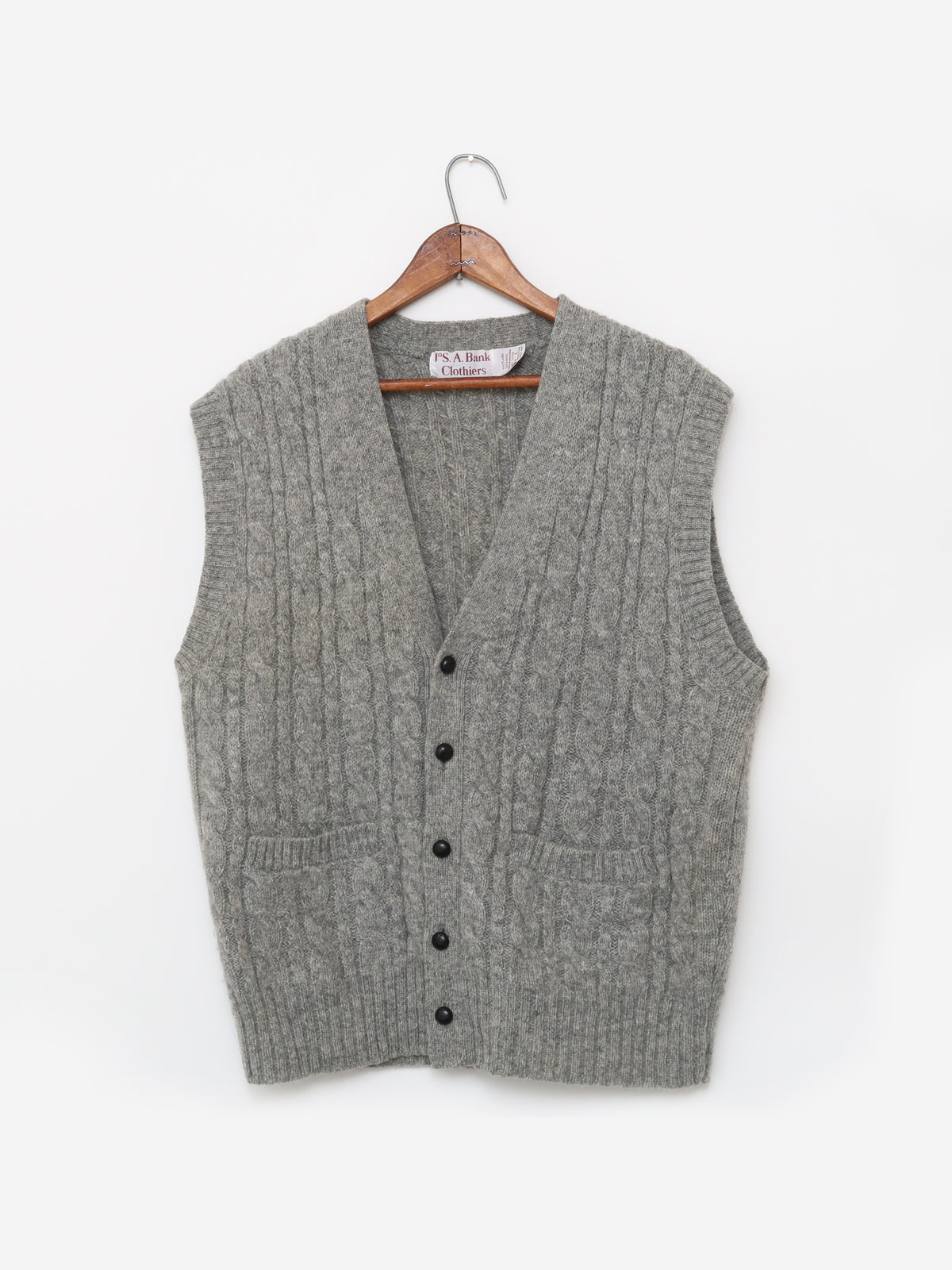 Vintage Shetland Wool Gray Cable Knit Vest Wood Buttons